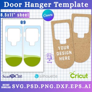 Op de afbeelding: Deurhanger sjabloon met een blauw, groen en wit ontwerp. De sjabloon bevat de tekst "YOUR DESIGN HERE" en is compatibel met Canva, Cricut en Silhouette. De bladgrootte is 21,6 x 27,9 cm.