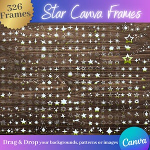 May include: A collection of 326 star-shaped Canva frames in various designs, including outlined, filled, and dotted stars. The text "Star Canva Frames" is displayed in a neon-style font. The image also includes the Canva logo and instructions to drag and drop backgrounds, patterns, or images.