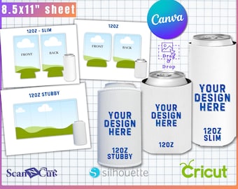 May include: A bundle of can cooler templates with the text "Can Cooler Template BUNDLE" and "8.5x11" sheet". The designs include templates for 12oz slim, 12oz, and 12oz stubby coolers, with the text "YOUR DESIGN HERE".