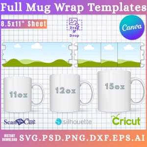 Può includere: Modelli digitali per involucri di tazze, con tre tazze bianche da 325 ml, 355 ml e 444 ml. Il design include grafiche paesaggistiche ed è compatibile con Canva, ScanNCut, Silhouette e Cricut. Il testo "8.5x11" Sheet" e "SVG.PSD.PNG.DXF.EPS.AI" è incluso.