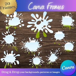 Könnte beinhalten: Digitalgrafik mit 20 Canva-Rahmen im Spritzdesign. Die Rahmen sind weiß mit blauen und grünen Akzenten, vor einem dunklen Holzmaserungshintergrund. Der Text enthält "Canva Frames" und "Drag & Drop your backgrounds, patterns or images."