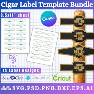 Puede incluir: Paquete de plantillas de etiquetas de cigarros con 14 diseños. Incluye una hoja de etiquetas y un cigarro con etiquetas. Las etiquetas son negras con ribete dorado y el texto "YOUR DESIGN HERE". La imagen también incluye el texto "Cigar Label Template Bundle".