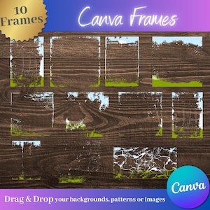 Puede incluir: Diez marcos de Canva con un fondo de veta de madera. Los marcos son blancos con un aspecto desgastado y descolorido. Los marcos están superpuestos, siendo el marco superior el más grande. Los marcos están rodeados por un borde verde.