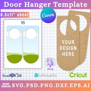 May include: Door hanger template with a blue sky and green landscape design. The template includes the text "YOUR DESIGN HERE" and is compatible with Canva, Cricut, and Silhouette. The sheet size is 8.5x11 inches.