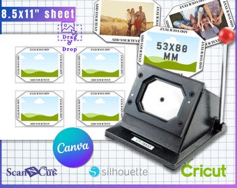 May include: A template for 53x80mm fridge magnets. The design includes a black magnet maker, sample magnet designs, and the text "ADD YOUR TEXT". The image also features the text "8.5x11" sheet", "Canva", "ScanNCut", "Silhouette", "Cricut", and file type options.
