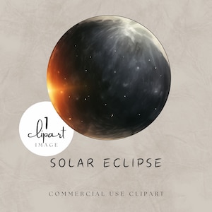 Solar Eclipse PNG, Watercolor Solar Eclipse Clipart Single, Moon in front of Sun Darkened, Celestial Illustration | UC106