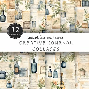May include: Twelve seamless digital paper patterns featuring a vintage botanical theme with blue glass bottles, musical notes, and floral illustrations. The patterns are perfect for creating journals, planners, and other creative projects.