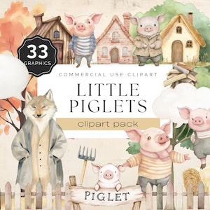 3 Little Piglets Clipart, Cute Piglet, Big Bad Wolf, Watercolor Fairy Tale, Nursery Rhyme, 33 PNG Graphics for Crafts and Commerce | UC020