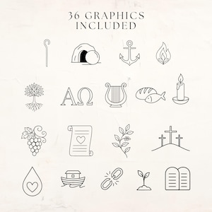 May include: A collection of 16 black line art graphics on a cream background. The graphics include a shepherd's staff, an empty tomb, an anchor, a flame, a tree, Greek letters, a lyre, bread and fish, a candle, grapes, a scroll, leaves, crosses, a teardrop, a boat, a broken chain, a sprout, and tablets. The text "36 GRAPHICS INCLUDED" is at the top.