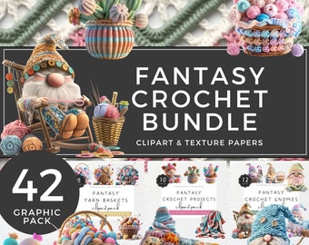 Crochet Clipart Bundle, Gnome Clipart, Pastel Colors Balls of Yarn and Crochet Supplies in Basket, Amigurumi PNG | UC207