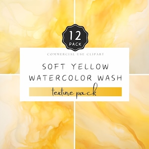 May include: A set of 12 soft yellow watercolor wash textures.  The textures are abstract and have a flowing, organic look.  The text "COMMERCIAL USE CLIPART" and "SOFT YELLOW WATERCOLOR WASH texture pack" is displayed on a white background.