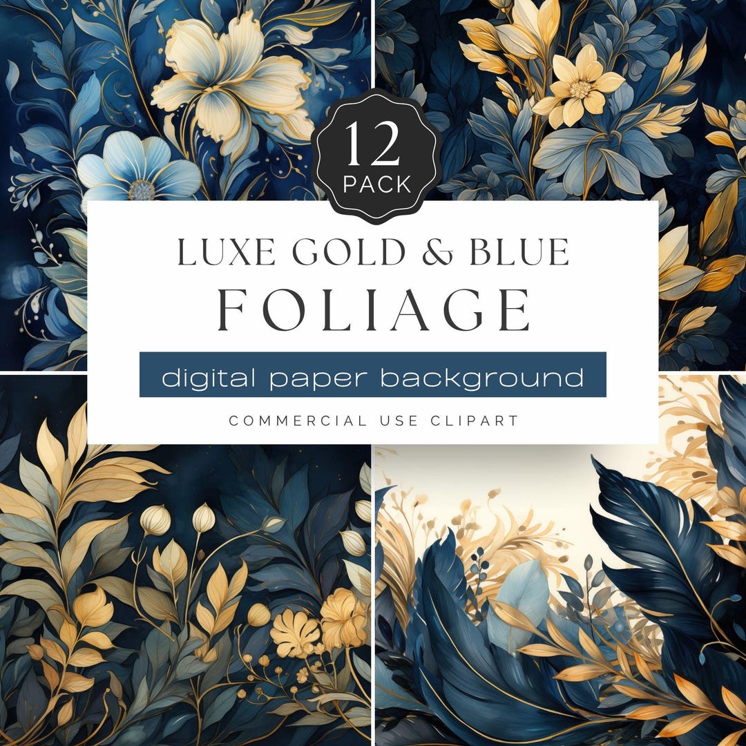 Luxe Blue and Gold Foliage Paper Pack - 12 Royal Blue and Gold Digital ...