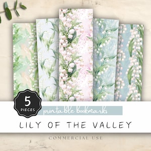 May include: Five printable bookmarks with lily of the valley floral patterns. Each bookmark has a different watercolour background in green, pink, and blue. The text reads "Lily of the Valley" and "Commercial Use".