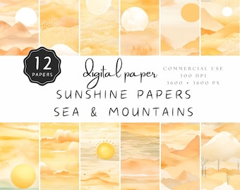 Papel digital Sunshine, padrão sem costura, vista para a montanha, sol sobre o mar, fundo laranja para artesãos e artistas de papel | UC301