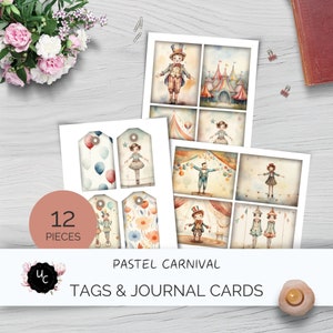 Tarjetas de diario basura y etiquetas grandes "Carnaval pastel": 12 imprimibles, manualidad de papel de payaso de circo vintage, hoja de collage de 11 x 8,5 / UC502