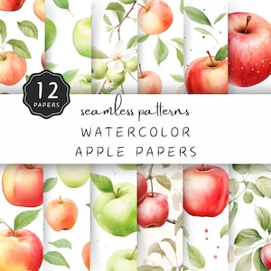 May include: Twelve watercolour seamless patterns featuring red and green apples with leaves and branches on a white background. The text "seamless patterns" and "WATERCOLOUR APPLE PAPERS" is displayed in black.