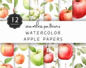 Papel de manzana acuarela, patrón sin costuras JPG ramas de flores de primavera, manzanas rojas y verdes, impresión en papel o tela, uso comercial / UC301