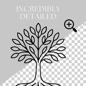 May include: Black line art illustration of a tree with leaves and roots, set against a gray and transparent background. The words "INCREDIBLY DETAILED" are at the top. A magnifying glass icon is in the upper right corner.