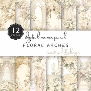 Puede incluir: Un paquete de papel digital con 12 diseños de arcos florales en colores neutros y beige. Los diseños presentan flores blancas, arcos y un estilo similar a la acuarela.