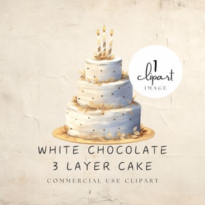 Clipart de bolo de camada de chocolate branco, ilustração de bolo de aniversário, detalhes dourados para festa de casamento, para artesanato estacionário e impresso | UC006