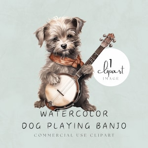 Puede incluir: Ilustración de acuarela de un perro tocando un banjo. El perro es marrón y blanco con una bandana roja alrededor del cuello. El banjo es marrón con un cuerpo blanco. El fondo es azul claro.