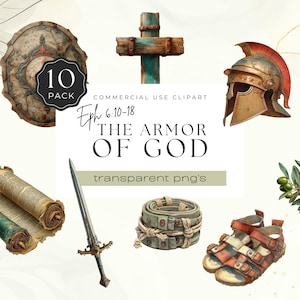 Puede incluir: Una colección de ilustraciones en acuarela que representan la Armadura de Dios. Incluye un escudo, una cruz, un casco, un pergamino, una espada, un cinturón y sandalias. También se ve el texto "THE ARMOR OF GOD" y "transparent png's".