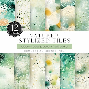Carta con motivi senza soluzione di continuità ispirata alla natura – 12 tessere stilizzate verdi e dorate per scrapbooking, diari e artigianato, design femminile / UC301