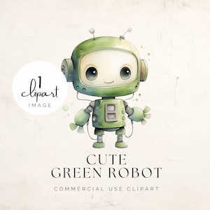 以下が含まれることがあります： 優しい顔と大きな目をした、かわいい緑色のロボット。ロボットは緑色の体で、銀色の胸のパネルと銀色の腕をしています。ロボットは白い背景に立っています。