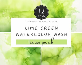 May include: A pack of 12 lime green watercolor wash textures. The textures are abstract and have a soft, flowing look. The text "12 Pack" and "Lime Green Watercolor Wash Texture Pack" is displayed on a white background.