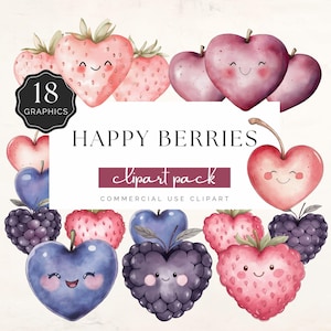 Happy Berries Clipart, Watercolor Kawaii Strawberry, Heart Shaped Blackberry, Smiling Raspberry, 18 PNG Graphics | UC005