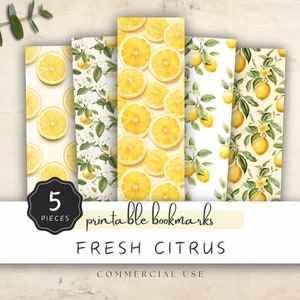 Fresh Citrus Printable Bookmark, Yellow Lemon Slices and Blossom, 5 Matching Simple Sweet Designs, Gift for Summer Readers | UC701