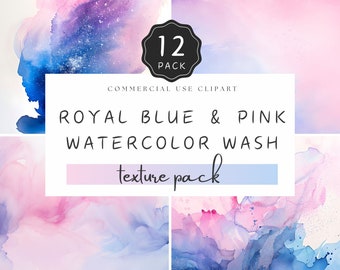 May include: A digital download pack of 12 watercolor textures in shades of royal blue and pink. The pack is for commercial use and includes the text "Royal Blue & Pink Watercolor Wash Texture Pack".