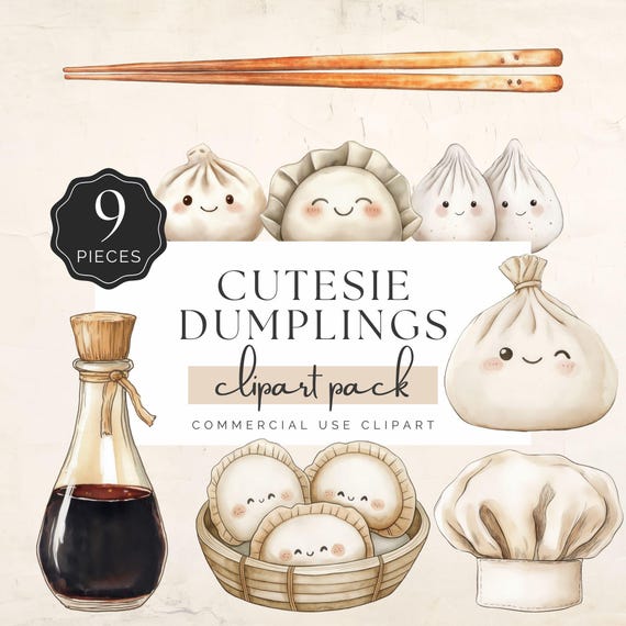Dumpling Clipart, Cute Dumpling png, Watercolor Kawaii, in Bamboo Bowl, Chopsticks, 9 PNG Graphics for Commercial Use | UC005