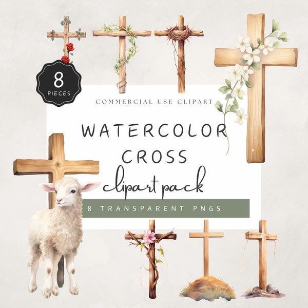 Cross Clipart Watercolor Lamb Religious Cross Communion Aquarel Wooden Cross Clip Art Red Rose Blossom Commercial Use | UC012