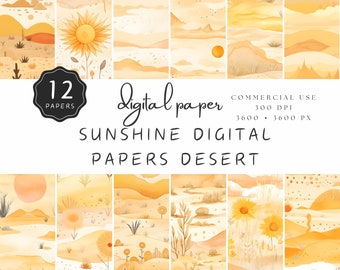 Papel digital Sunshine, padrão sem costura, Desert Dawn Sun, fundo laranja para artesãos e artistas de papel | UC301