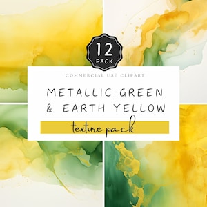 May include: A digital download pack of 12 abstract watercolor textures in metallic green and earth yellow tones. The pack is for commercial use clipart. "12 Pack" and "texture pack" are written on the image.