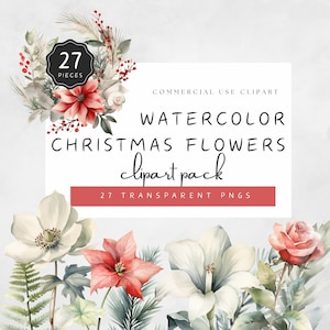 Christmas Flowers Clipart - Christmas Bouquet Clipart - Single Watercolor Greenery Rose Ivy Juniper Pine Tree Amaryllis Cyclamen  | UC105