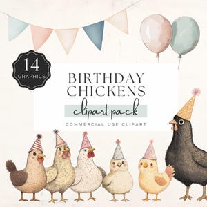 Birthday Chickens Clipart, Quirky Animals, Funny Chickens with Party Hats, Watercolor 14 PNG Graphics for Invites and Crafts | UC004