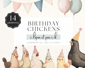 Birthday Chickens Clipart, Quirky Animals, Funny Chickens with Party Hats, Watercolor 14 PNG Graphics for Invites and Crafts | UC004