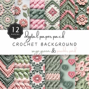 Puede incluir: Un paquete de papel digital con 12 patrones de crochet en verde salvia y rosa polvo. Los patrones incluyen flores, corazones y diseños geométricos.