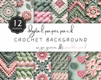 Gehäkeltes digitales Hintergrundpapier, salbeigrüner Stich und puderrosa Garn, Blumen und Herzen Layout, nahtloses Muster | UC301