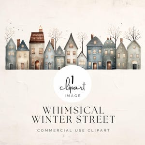 Calle de las maravillas invernales, imágenes prediseñadas navideñas en acuarela, casas extravagantes, gráficos transparentes, para uso comercial y artesanal / UC105