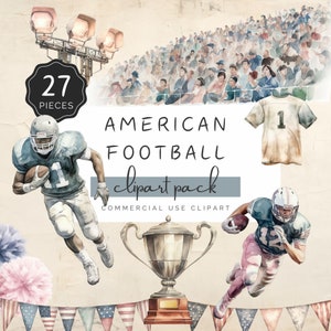 Paquete de imágenes prediseñadas de fútbol americano, paquete deportivo de acuarela, pelota mascota, multitud, pompones, trofeo, 27 PNG para sublimación artesanal DTF / UC008