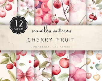 Papel de cerezo sin costuras de acuarela, papel de verano con patrón de flor de cerezo, fruta y flor rosa y roja, para impresión y artesanía digital / UC301