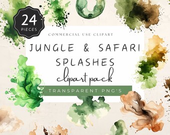 May include: A set of 24 watercolor clipart images of green, brown, and yellow splatters. The images are labeled "Jungle & Safari Splashes clipart pack" and "Transparent PNG's".