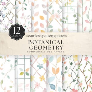 Papel digital con geometría botánica, patrón de enrejado sin costuras con acuarela, formas pastel simples sobre blanco, para uso comercial y manualidades / UC301