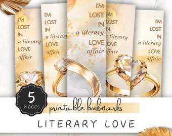 Literary Love Printable Bookmark, 5 Gold Rings with Funny Saying, Designs in Watercolor, Gift for Romantic Book Lover | UC701