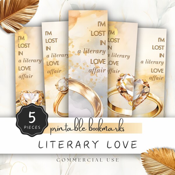 Literary Love Printable Bookmark, 5 Gold Rings with Funny Saying, Designs in Watercolor, Gift for Romantic Book Lover | UC701