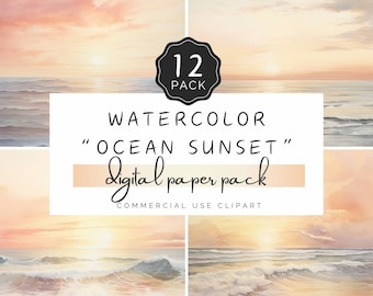 Ocean Sunset Watercolor Paper jpg, Light Sea Blue Green Wash Texture Backdrop, Romantic Beach Vibes, for Commercial Use Crafts | UC302