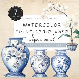 Chinoiserie vaas clipart, aquarel Delfts blauwe pot met orchidee, PNG-afbeeldingen voor digitale makers en commercieel gebruik Crafters | UC020